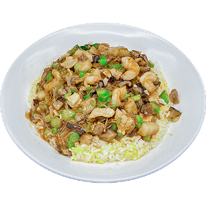 Fukien fried rice with sauce (scallop, mushroom & chicken)