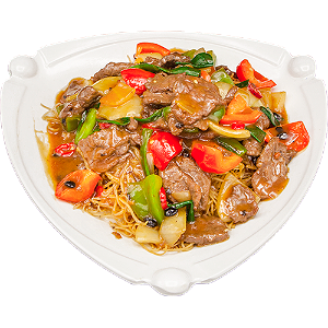 Crispy pan-fried noodles with beef in black bean sauce